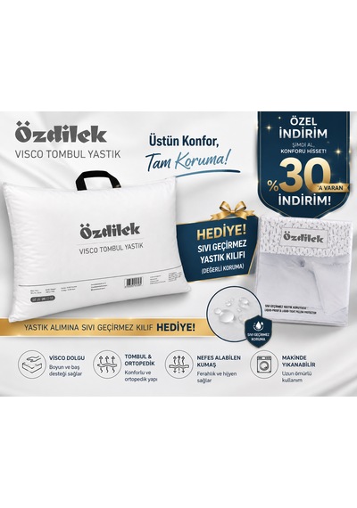 Özdilek Visco Tombul Yastık +  Sıvı Geçirmez Yastık Koruyucu Ortopedik & Medikal Boyun Destekli Visco Yastık Premium Uyku Konforu Beyaz