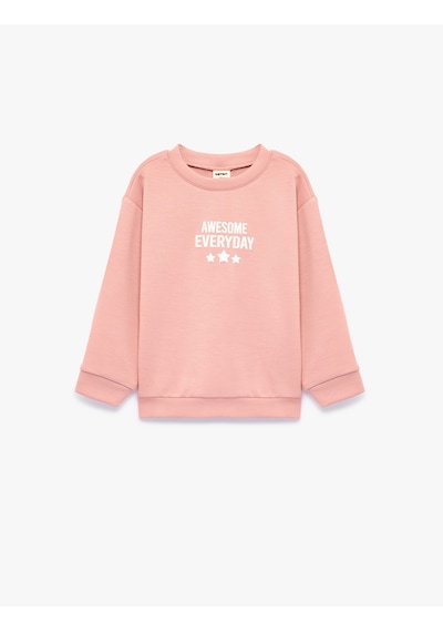 Koton Viskon Karışımlı Bisiklet Yaka Uzun Kollu Baskılı Sweatshirt Pembe 7wmg10049ak Gül