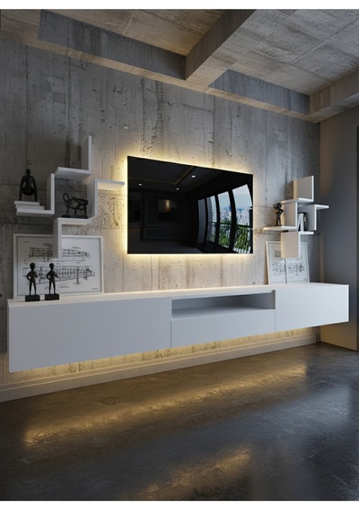 Resital Duvara Monte Ledli 270 Cm Tv Ünitesi Duvar Raflı - Ll6047 Beyaz