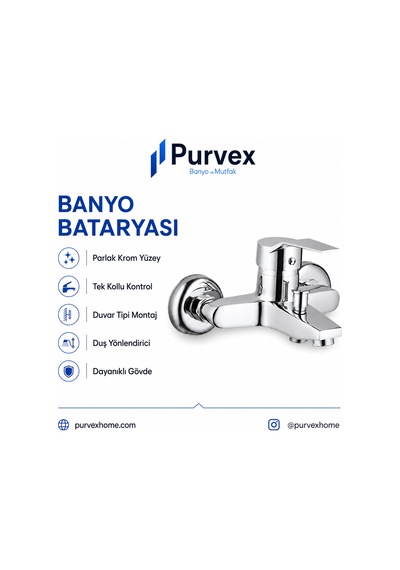 Purvex Home Spektra Banyo Bataryası Duvara Montaj Aç Kapa Krom Pirinç Musluk Fonksiyonel Yönlendiricili Duş Batarya Seti Lüks Modern Tasarım