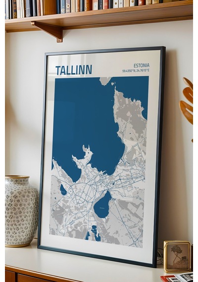 Tallinn Estonya Haritası Çerçeveli Tablo Lüks Salon Ofis Duvar Dekorasyonu Hediyelik Tablo