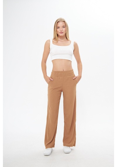 Thiff Gymwear Siyah Beli Lastikli Bol Paça Çift Cepli Yüksek Bel Bürümcük Örme Kadın Pantolon Camel