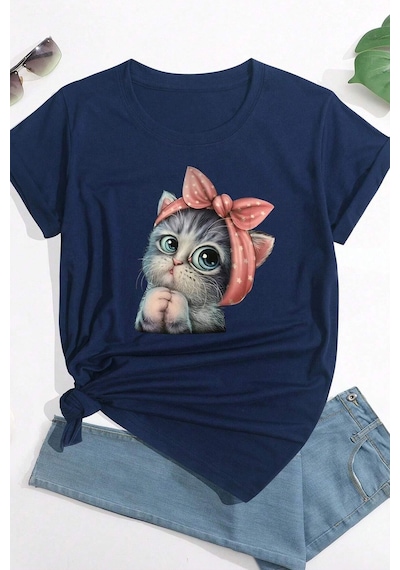 Unisex Sevimli Kedi Baskılı Tasarım T-shirt Lacivert