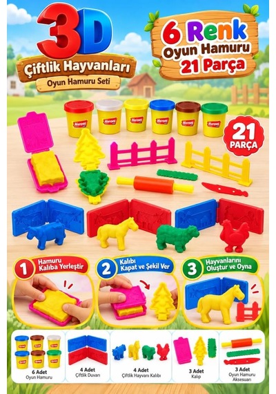 3d Çiftlik Hayvanları Hamuru 21 Parça 6 Renkli Hayvan Kalıplı Ve Aksesuarlı Oyuncak Hamuru Seti Çok Renkli