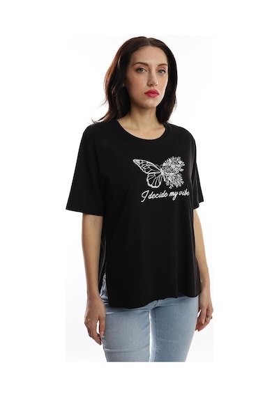 Kadın Kelebek Baskılı Oversize Tişört Siyah