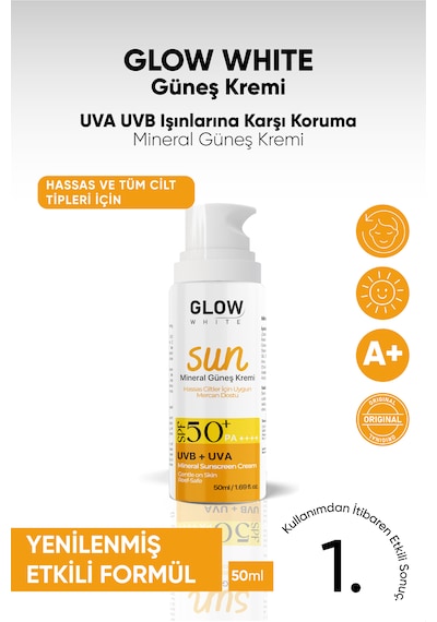 Glow White Hassas Ciltler için Mineral Güneş Kremi SPF50+ 50 ML