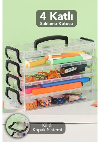4 Katlı Organizer Saklama Kutusu - Kilitli Kapak Şeffaf Çok Amaçlı Masaüstü Düzenleyici Kutu Şeffaf