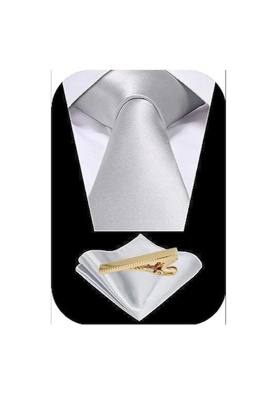 Tezzgelsin Erkek Saten Kravat Mendil Ve Gold Çelik Kravat İğne Set Gümüş