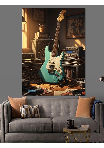 Ahşap Tablo Çalışma Odasındaki Mavi Elektrogitar