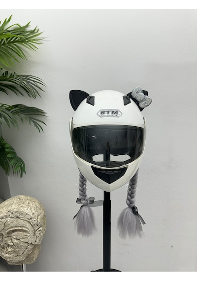 Motor & Motosiklet Gri Simli Çift Örgü Saç Ve Hologram Fiyonklu Kedi Kulak Set Kask Dış Aksesuarı Diğer
