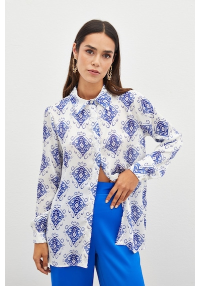 Sateen Desenli Düz Gömlek - Saks Mavisi-134815 Saks