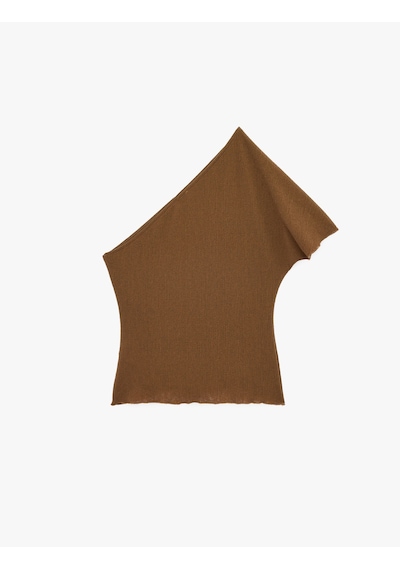 Koton Slim Fit Drape Detaylı Kısa Kollu Tek Omuz Bluz Kahverengi 6sak10273ek Kahve