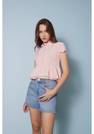 Avrile Fırfırlı Polo Yaka Triko Bluz Pembe