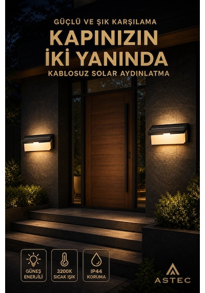 Astec Solar Duvar Apliği 40w 3200k Gün Işığı Su Toz Geçirmez Sensörlü Bahçe Ve Dış Mekan Lambası