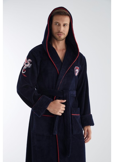 Dragon Nakış Triga Bukle Bambu Cotton Erkek Bornoz Lacivert