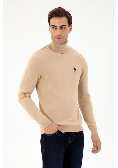 U.S. Polo Assn. Erkek Slim Fit Boğazlı Yaka Kum Melanj Basic Kazak 50293523-VR123