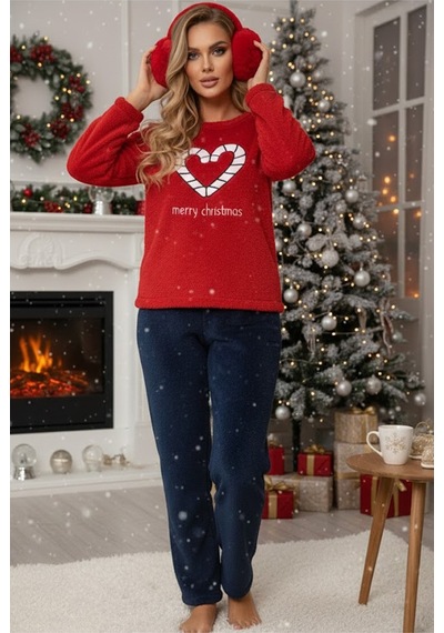 Siyah İnci Wellsoft Kışlık Örme Pijama Takım 25221047 Kırmızı