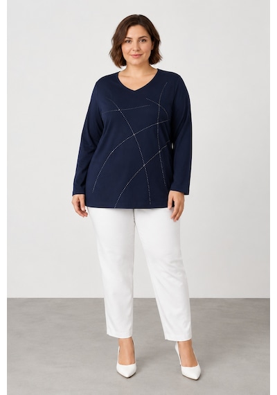 Bihan Store Kadın V Yaka Taş Detaylı Geometrik Desenli Uzun Kollu Bluz Y26-715-lacivert