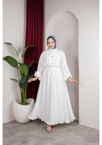 Hira Life Fashion Kadın Çilek Kumaş Ve Önü Düğmeli Eteği Fırfırlı Hakim Yaka Elbise Beyaz Beyaz Hira Life Fashion Kadın Çilek Kumaş Ve Önü Düğmeli Eteği Fırfırlı Hakim Yaka Elbise Beyaz Beyaz