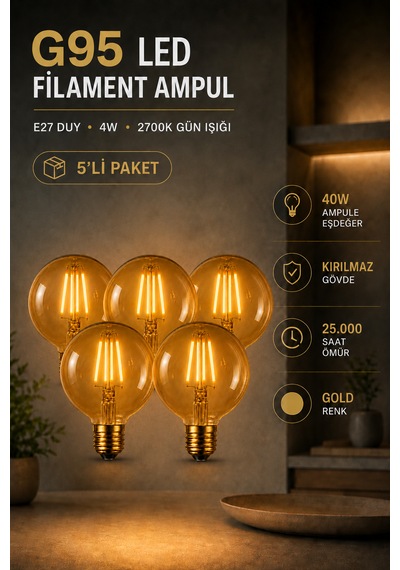 Rustik Led Kırılmaz Ampul G95 Glop E27 4w 2700k Sıcak Işık Gold Filament Dekoratif Dimmerli 5'li