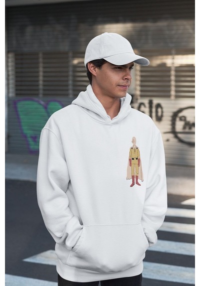 Sevbano Saitama One Punch Man Baskılı Unisex Oversize Anime Hoodie Beyaz