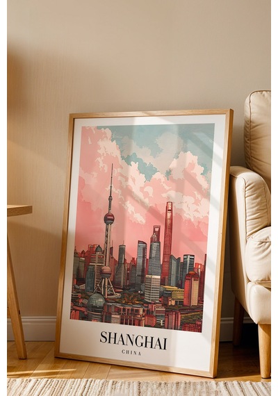 Shanghai China Vintage Seyahat Posteri Çerçeveli Tablo - Premium Pudong Silüeti Elit Duvar Dekoru Kayın Shanghai China Vintage Seyahat Posteri Çerçeveli Tablo - Premium Pudong Silüeti Elit Duvar Dekoru Kayın