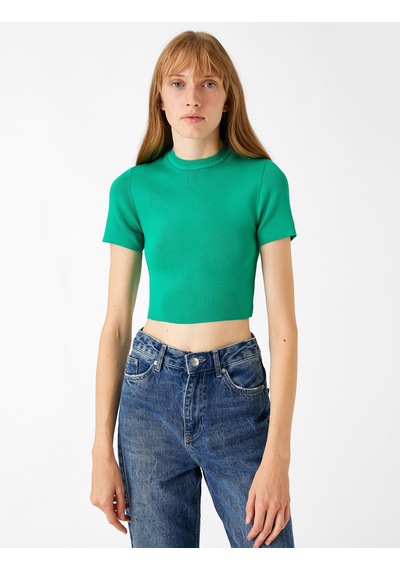 Koton Crop Triko Kazak Kısa Kollu Yeşil 3wak90200ht Yeşil
