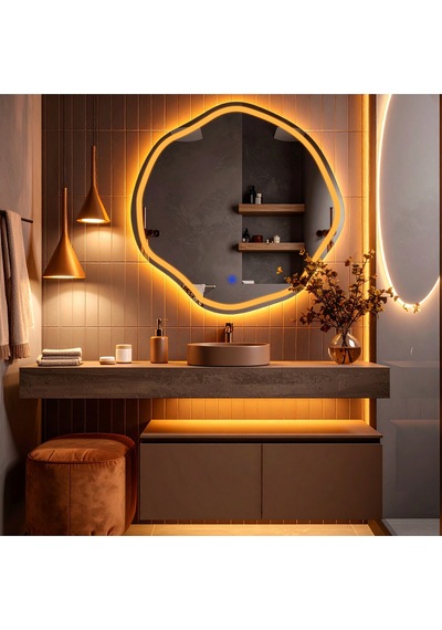 Lys Amber Led'li Lazer Kumlamalı Lavabo & Banyo Aynası Dokunmatik Sensörlü 60 X 60 Turuncu