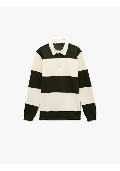 Koton Uzun Kollu Renk Bloklu Polo Yaka Sweatshirt Yeşil Çizgili 6sam70058mk Yeşil Çizgili
