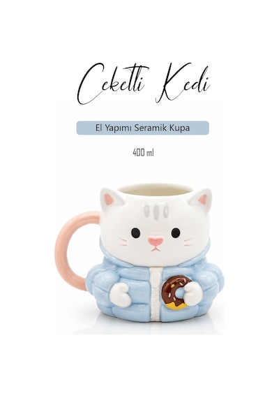 Ceketli Kedi Figürlü Kupa, El Yapımı, Kahve Kupası, Mug, 400 Ml Siyah - Beyaz