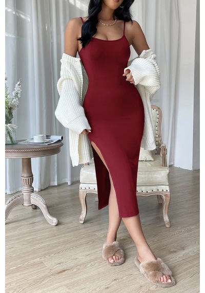 Ang Butik Kadın Bordo Yırtmaçlı Diz Altı Vücüdu Saran Gecelik
