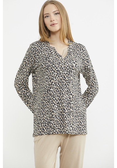 Sementa Yakası Düğmeli Leopar Kombinli Pijama Takım - Bej Bej