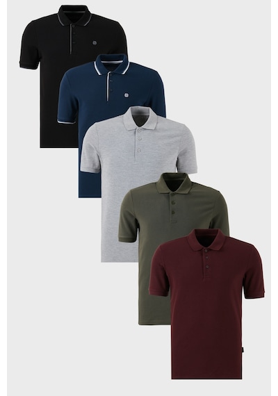 Buratti Pamuklu Regular Fit Düğmeli Polo Yaka 5'Li Paket Erkek T Shirt 590211827S5 Siyah-Haki-Indigo-Vişne-Gri Melanj