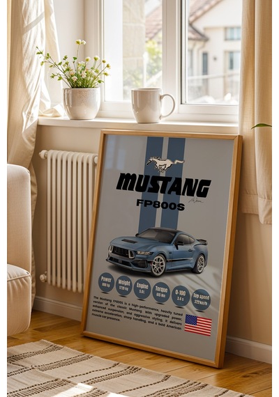 Mustang Fp800s Araba Tablosu - Teknik Özellikli Otomobil Poster - Çerçeveli Duvar Dekoru Kayın
