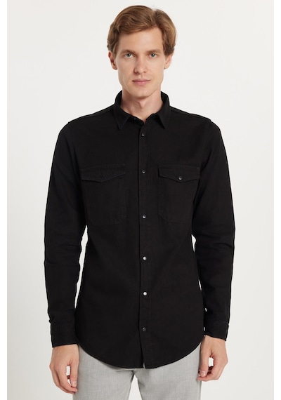 Tudors Erkek Slim Fit Dar Kesim Uzun Kollu Denim Kot Çift Cep Çıtçıtlı Siyah Gömlek-35552 Siyah