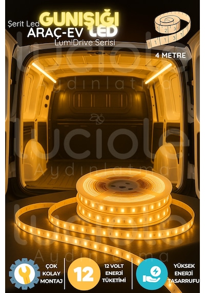 Lumidrive 4m Günışığı Led Şerit 12v Araç İçi Sıcak Işık, 2835 Çipli, Kesilebilir & Yapışkanlı