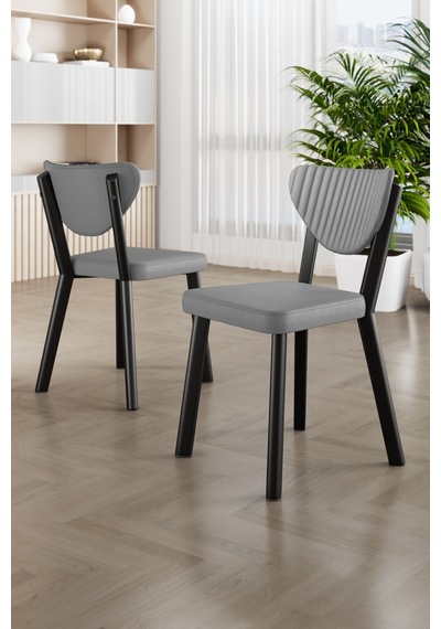 Fubi Serisi 2 Adet Taba Deri Mutfak,cafe, Restaurant Sandalyesi Siyah Metal İskeletli Gri Sandalye Siyah İskelet