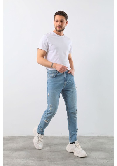Blue White Erkek Yırtık Detaylı Jean Pantolon Mavi
