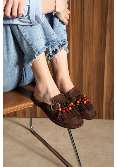 Duxal Shoes Hazel Kadın Süet Püsküllü Boncuklu Tokalı Terlik Mulo Acıkahve