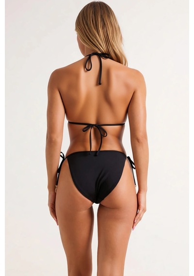Benerly Kadın Bikini Takımı Çiçek Desenli Üçgen Kaplı Normal Bel Slip Kes Siyah