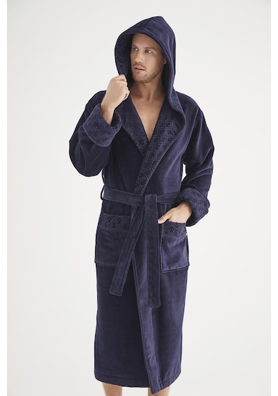 Yaka Jakarlı %100 Cotton Erkek Bornozu Lacivert