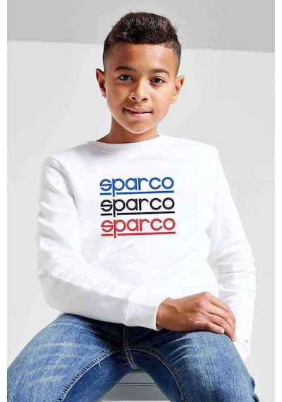 Tshirthane Sparco Logo Mavi Sarı Kırmızı Baskılı Unisex Çocuk Beyaz Sweat Beyaz