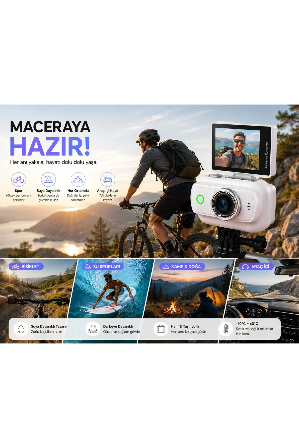 Viora 4k Aksiyon Kamerası Mini 180 Döner Ekran Wifi App Geniş Açı Taşınabilir Vlog Kamera Siyah