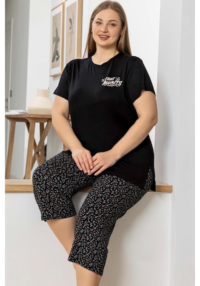 Aydoğan Kadın İnci Büyük Beden Siyah Kapri Pijama Takım 0074 Siyah