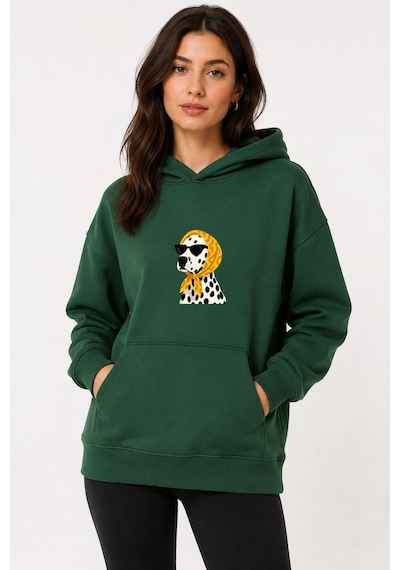 Herkesemoda Dalmaçyalı Köpek Baskılı Kapüşonlu 2 İplik Şardonlu Sweatshirt Yeşil