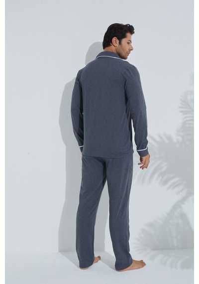 Siyah İnci Erkek Pamuklu Gömlek Yaka Düğmeli Biyeli Pijama Takım Antrasit