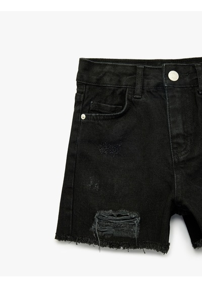 Koton Pamuklu Yıpratılmış Detaylı Saçaklı Denim Şort Siyah 6skg40104ad