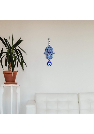 İlyasoğlu Hamsa Lazer Kesim Tahta Renkli Desenli Duvar Süsü Cam Nazarlık Sallantılı 26x10cm