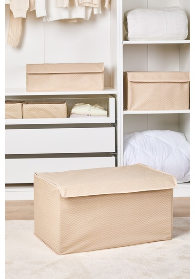 Serstil Orta Boy Kapaklı Kutu Hurç Kıyafet Battaniye Saklama Kutusu Organizer 50x40x30 Cm - Bej Martı