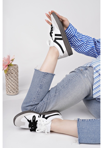 Muggo Retro Çift Bağcıklı Günlük Kadın Sneaker Spor Ayakkabı Beyaz - Siyah
